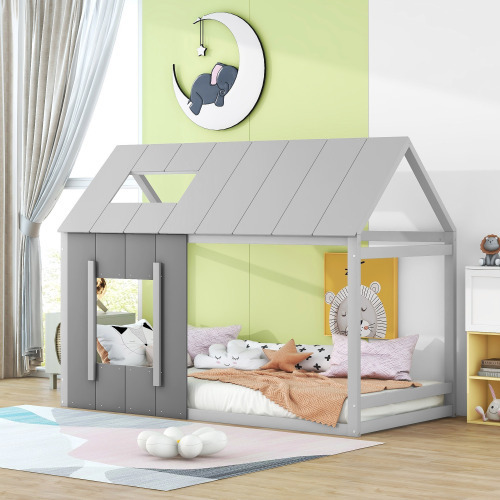 90 x 200 Kinderbett, Kinderbett in Hausform, Einzelhaus-Flachbett mit Dach und Fenster