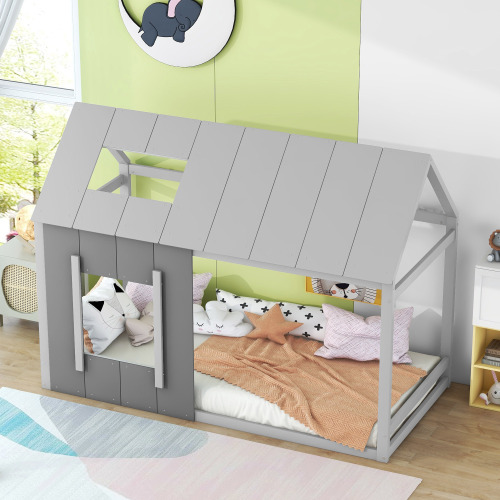 90 x 200 Kinderbett, Kinderbett in Hausform, Einzelhaus-Flachbett mit Dach und Fenster