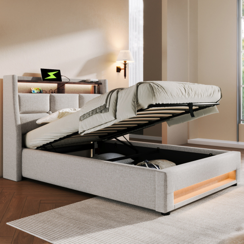 Bett mit Metallrahmen aus Leinen-OKWISH