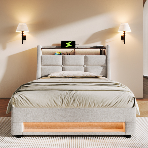Bett mit Metallrahmen aus Leinen-OKWISH