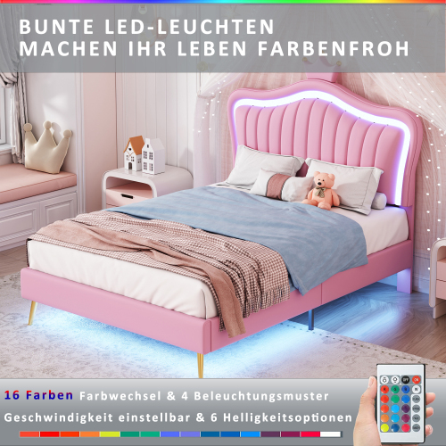 Kinderbett Polsterbet Bettgestell für,aus PU-Leder mit LED-Leuchten, Lattenrost und Rückenlehne