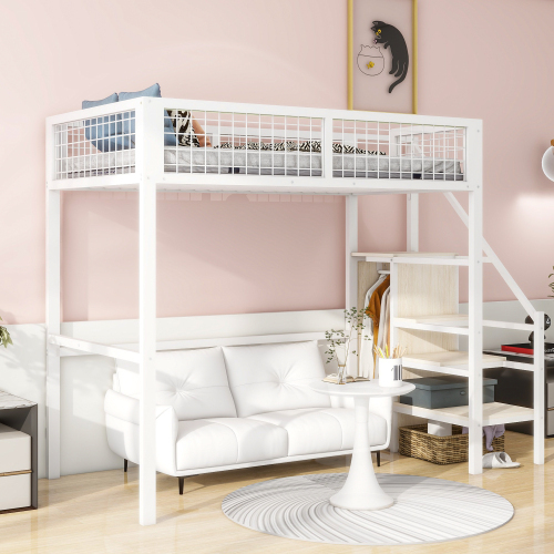 Hochbett  Leiter、Kinderbett mit Eisenrahmen und Aufbewahrungsregal、Kleiderschrank schwarz