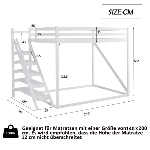 Kinderbett Hochbett 140x200 mit Sicherheitsleiter, Etagenbett aus Massivholz mit Lattenrost geeignet