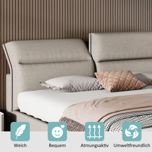 Polsterbett, Doppelbett mit verstellbarem Kopfteil, Lattenrost aus Holz