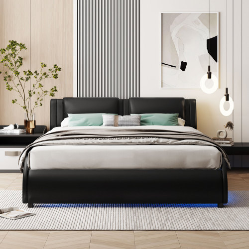 Polsterbett 140*200cm Kunstlederbett mit LED-Lichtbettgestell mit Lattenrosten