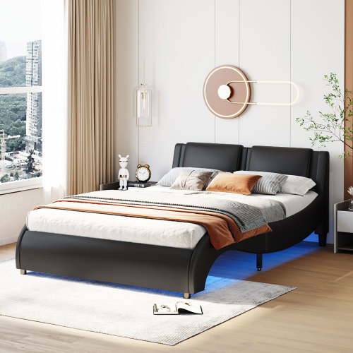Polsterbett 140*200cm Kunstlederbett mit LED-Lichtbettgestell mit Lattenrosten