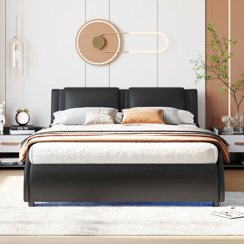 Polsterbett 140*200cm Kunstlederbett mit LED-Lichtbettgestell mit Lattenrosten