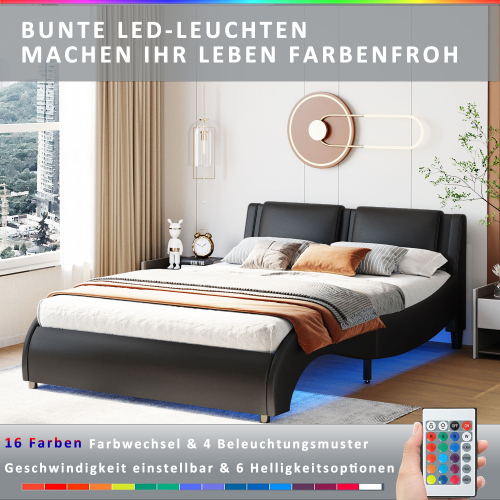 Polsterbett 140*200cm Kunstlederbett mit LED-Lichtbettgestell mit Lattenrosten