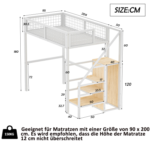Hochbett  Leiter、Kinderbett mit Eisenrahmen und Aufbewahrungsregal、Kleiderschrank schwarz