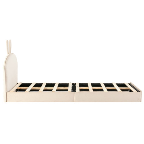 Kaninchen Kopfteil Polsterbett, Kinderbett mit Holzlatten, Einzelbett, Samt, 90x200cm
