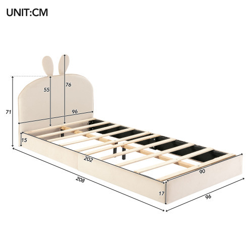 Kaninchen Kopfteil Polsterbett, Kinderbett mit Holzlatten, Einzelbett, Samt, 90x200cm