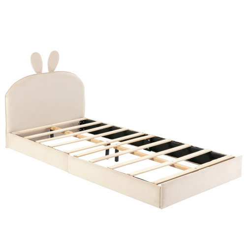 Kaninchen Kopfteil Polsterbett, Kinderbett mit Holzlatten, Einzelbett, Samt, 90x200cm
