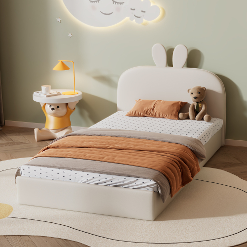 Kaninchen Kopfteil Polsterbett, Kinderbett mit Holzlatten, Einzelbett, Samt, 90x200cm