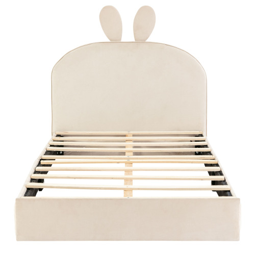 Kaninchen Kopfteil Polsterbett, Kinderbett mit Holzlatten, Einzelbett, Samt,  90x200cm 
