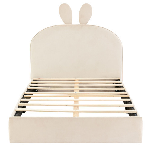 Kaninchen Kopfteil Polsterbett, Kinderbett mit Holzlatten, Einzelbett, Samt, 90x200cm