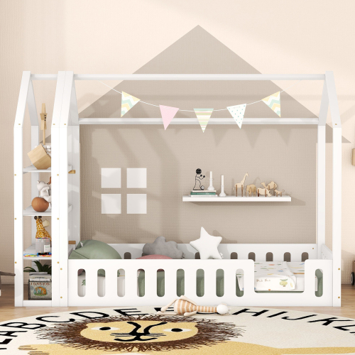 90 x 200cm Kinderbetten, Flachbetten, Hausbetten mit Geländer, Kinderbetten mit 3 Regalen