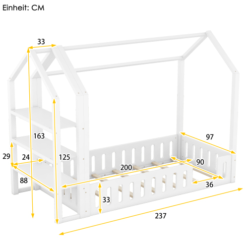 90 x 200cm Kinderbetten, Flachbetten, Hausbetten mit Geländer, Kinderbetten mit 3 Regalen