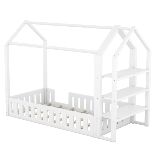 90 x 200cm Kinderbetten, Flachbetten, Hausbetten mit Geländer, Kinderbetten mit 3 Regalen