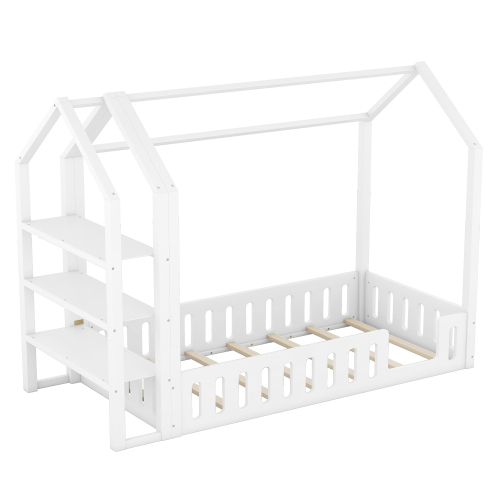 90 x 200cm Kinderbetten, Flachbetten, Hausbetten mit Geländer, Kinderbetten mit 3 Regalen