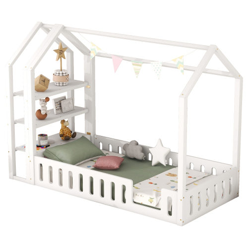 90 x 200cm Kinderbetten, Flachbetten, Hausbetten mit Geländer, Kinderbetten mit 3 Regalen