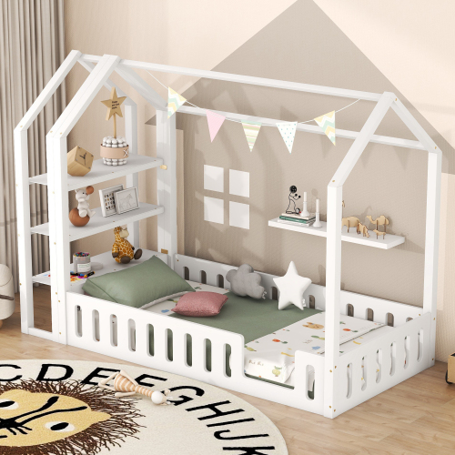 90 x 200cm Kinderbetten, Flachbetten, Hausbetten mit Geländer, Kinderbetten mit 3 Regalen