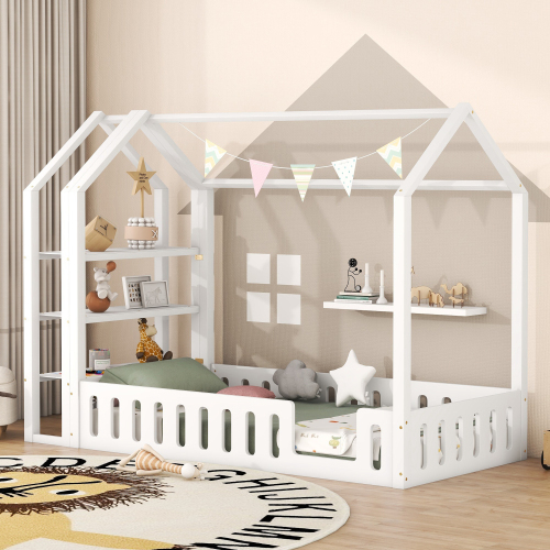 90 x 200cm Kinderbetten, Flachbetten, Hausbetten mit Geländer, Kinderbetten mit 3 Regalen