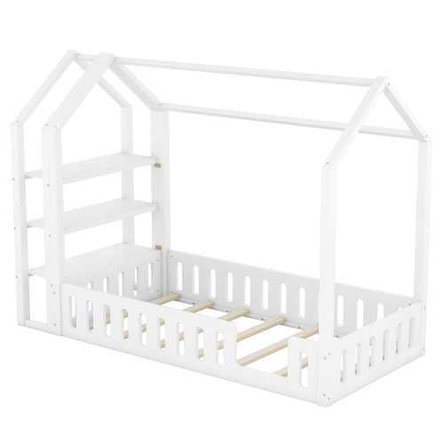 90 x 200cm Kinderbetten, Flachbetten, Hausbetten mit Geländer, Kinderbetten mit 3 Regalen