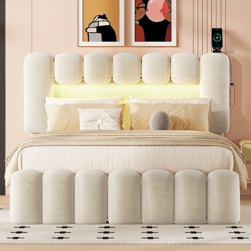 140 x 200 Polsterbett, Polsterbett mit 4 Schubladen, Polsterbet Bett mit LED-Lichtleiste mit USB und Stereoanlage