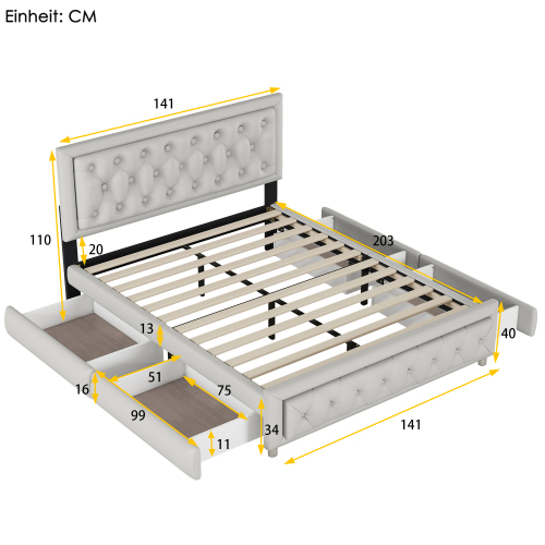 140 x 200 Polsterbett, Polsterbett mit 4 Schubladen, Stauraumbetten Bettgestell