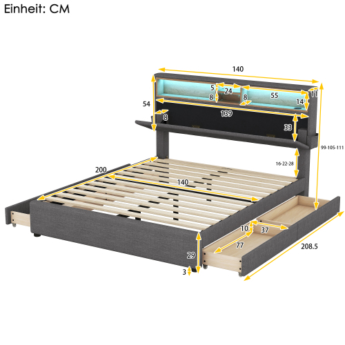 Multifunktionales gepolstertes Doppelbett-OKWISH