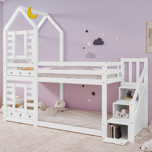 Kinderbett Baumhaus mit Schublade und Rausfallschutz , Hochbett für Kinder– 2x Lattenrost