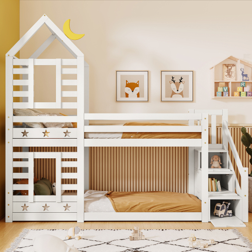 Kinderbett Baumhaus mit Schublade und Rausfallschutz , Hochbett für Kinder– 2x Lattenrost
