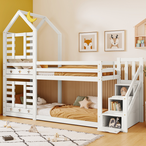 Kinderbett Baumhaus mit Schublade und Rausfallschutz , Hochbett für Kinder– 2x Lattenrost