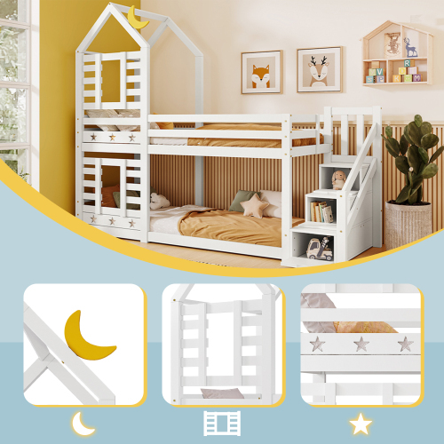 Kinderbett Baumhaus mit Schublade und Rausfallschutz , Hochbett für Kinder– 2x Lattenrost