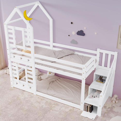 Kinderbett Baumhaus mit Schublade und Rausfallschutz , Hochbett für Kinder– 2x Lattenrost