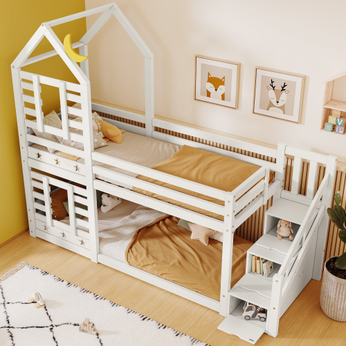 Kinderbett Baumhaus mit Schublade und Rausfallschutz , Hochbett für Kinder– 2x Lattenrost