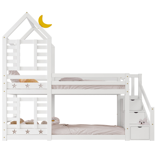 Kinderbett Baumhaus mit Schublade und Rausfallschutz , Hochbett für Kinder– 2x Lattenrost