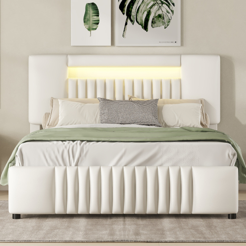 140 x 200cm Doppelbett, Polsterbett, Polsterbett mit vier Schubladen, Polsterbett mit Lichtleiste