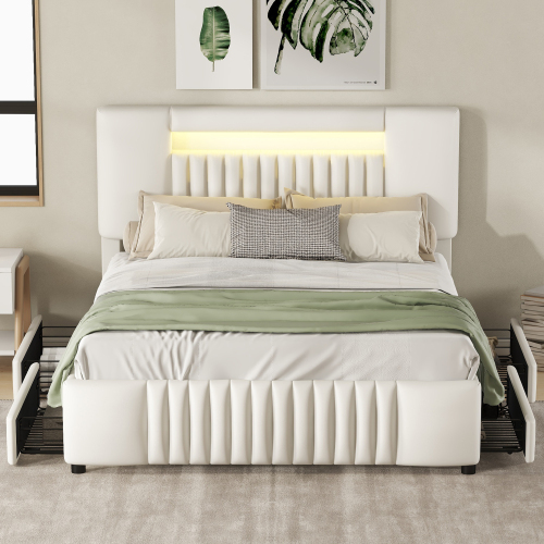 140 x 200cm Doppelbett, Polsterbett, Polsterbett mit vier Schubladen, Polsterbett mit Lichtleiste