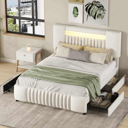 140 x 200cm Doppelbett, Polsterbett, Polsterbett mit vier Schubladen, Polsterbett mit Lichtleiste