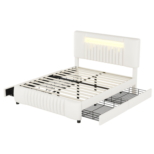 140 x 200cm Doppelbett, Polsterbett, Polsterbett mit vier Schubladen, Polsterbett mit Lichtleiste