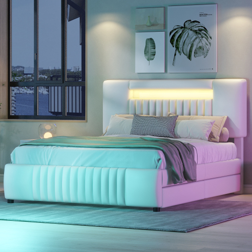 140 x 200cm Doppelbett, Polsterbett, Polsterbett mit vier Schubladen, Polsterbett mit Lichtleiste