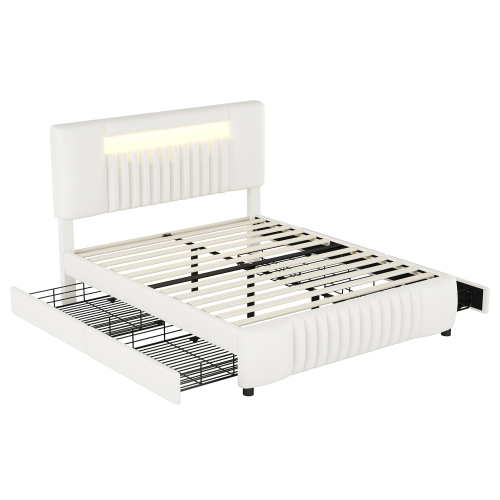 140 x 200cm Doppelbett, Polsterbett, Polsterbett mit vier Schubladen, Polsterbett mit Lichtleiste