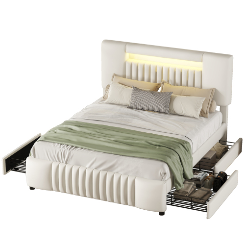 140 x 200cm Doppelbett, Polsterbett, Polsterbett mit vier Schubladen, Polsterbett mit Lichtleiste