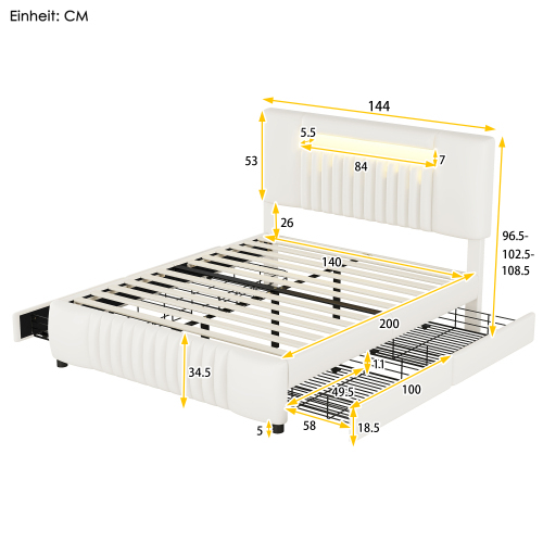 140 x 200cm Doppelbett, Polsterbett, Polsterbett mit vier Schubladen, Polsterbett mit Lichtleiste