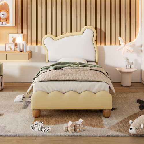 Einzelbett, Kinderbett, Jugendbett, Polsterbett mit kuscheligem Bärenkopfteil, Holzlattenrost