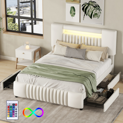 140 x 200cm Doppelbett, Polsterbett, Polsterbett mit vier Schubladen, Polsterbett mit Lichtleiste
