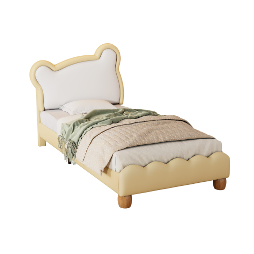 Einzelbett, Kinderbett, Jugendbett, Polsterbett mit kuscheligem Bärenkopfteil, Holzlattenrost