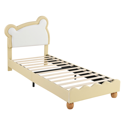 Einzelbett, Kinderbett, Jugendbett, Polsterbett mit kuscheligem Bärenkopfteil, Holzlattenrost