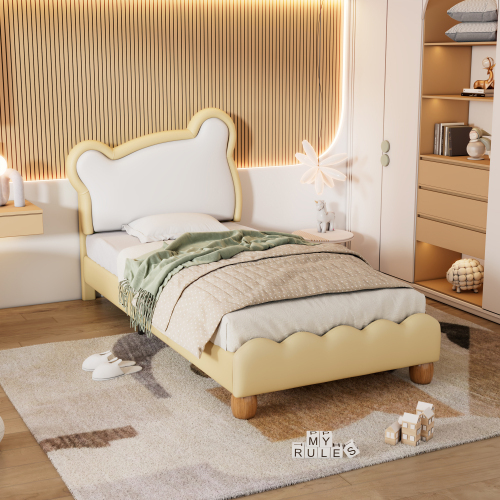 Einzelbett, Kinderbett, Jugendbett, Polsterbett mit kuscheligem Bärenkopfteil, Holzlattenrost